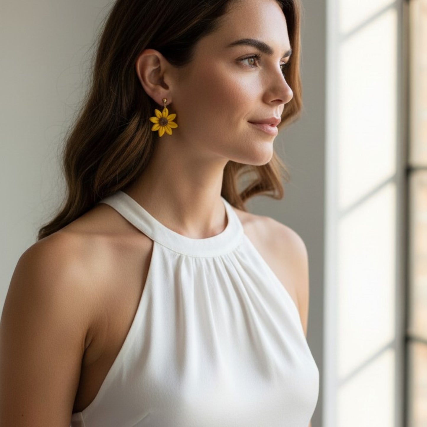 Mujer con cabello suelto luciendo pendientes artesanales de girasol amarillo de arcilla polimérica con top blanco halter en luz natural