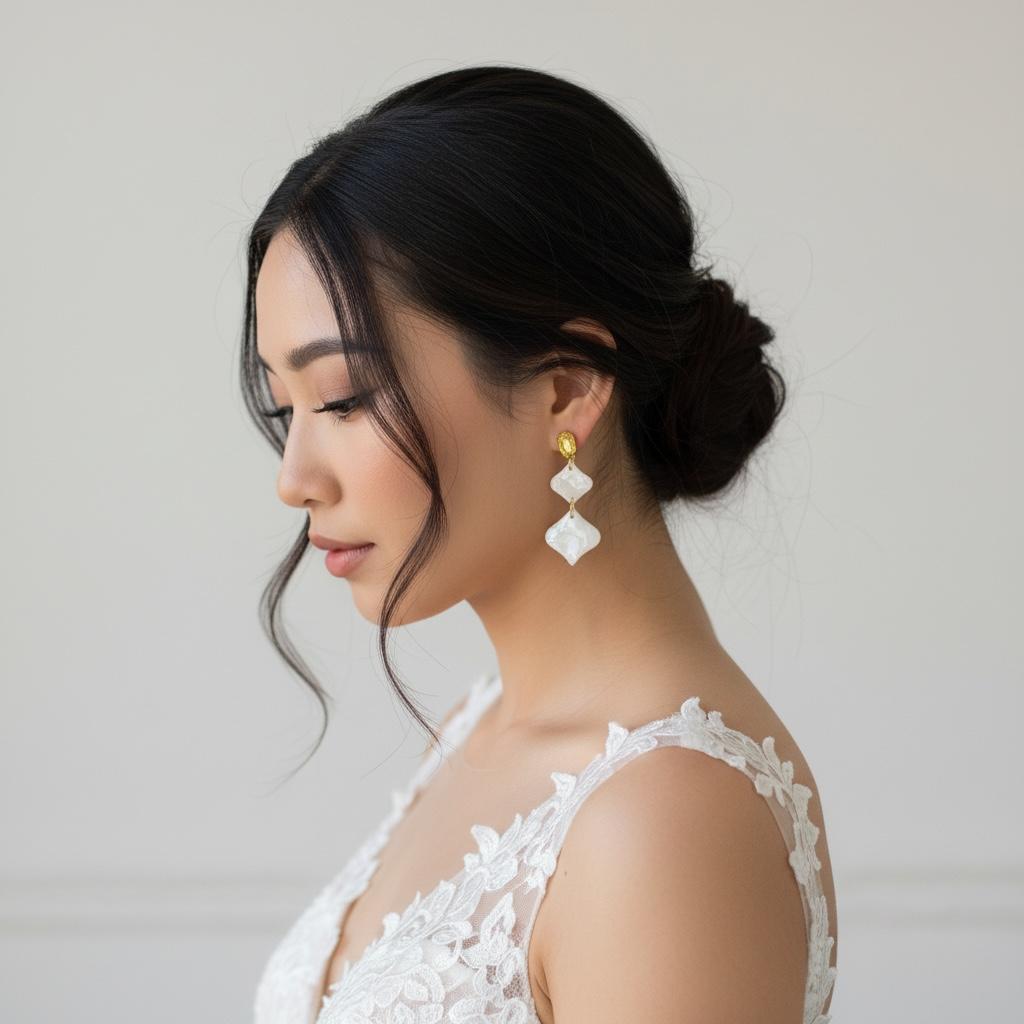 Novia con pendientes geométricos artesanales Son Berga de arcilla polimérica efecto piedra y enganche dorado, look nupcial elegante - joyería artesanal Mallorca
