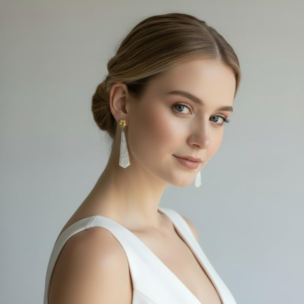 Novia con pendientes largos minimalistas Raixa de arcilla polimérica efecto piedra y enganche dorado, look nupcial elegante - joyería artesanal Mallorca
